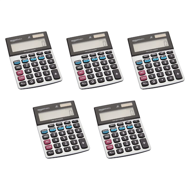 Photo 1 of Amazon Basics LCD 8-Digit Desktop Calculator, Silver - 5 Pack Silver 5 pack