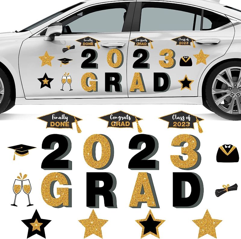 Photo 1 of 19 Pieces Graduation Car Magnets Set 2023 Graduation Car Decorations Black and Gold Magnetic Refrigerator Magnet Graduation Party Decoration Waterproof Stickers for Door Garage Fridge 