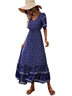 Photo 1 of [Size M] Floerns Women's Boho Ditsy Floral Short Sleeve A Line Flared Midi Dress- Blue/MultiColor
