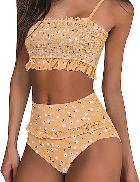 Photo 1 of Aleumdr Women's Smocked Bikini Set Bandeau Swimsuit Top with High Waisted Bottom Ruffle Two Piece Bathing Suit Medium As Picture