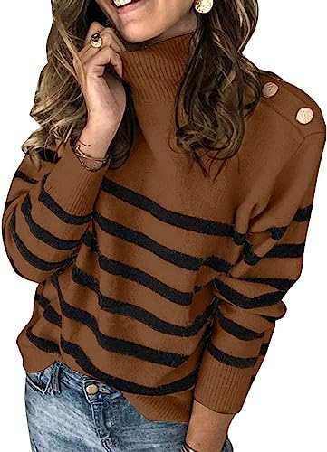 Photo 1 of Asvivid Striped Turtleneck Button Knit Sweaters for Women Lightweight Long Sleeve Knit Pullover Jumper Tops 