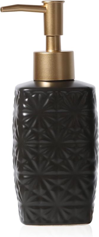 Photo 1 of 10 oz Elegant Ceramic Floral Relief Soap Dispenser ,Decorative Embossed Pattern Lotion Pump Bottle for Kitchen Bathroom & Home Decor (Matte Black)