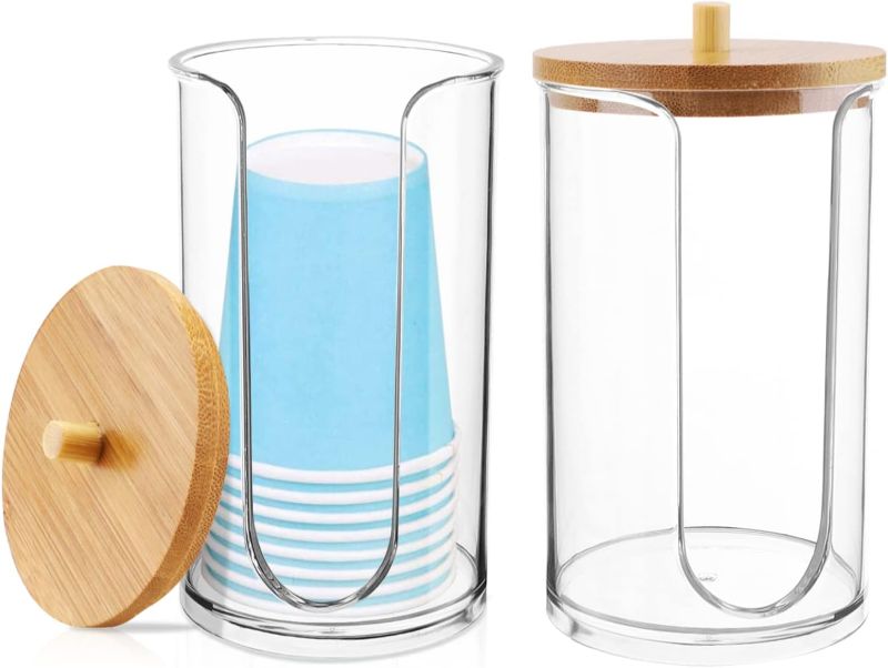 Photo 1 of 2 Pack Acrylic Bathroom Cup Dispenser Holder for Disposable Paper Cup with Bamboo Lid, Mouthwash Cups and Cotton Round Holder for Bathroom Guest Room Counter-Tops 