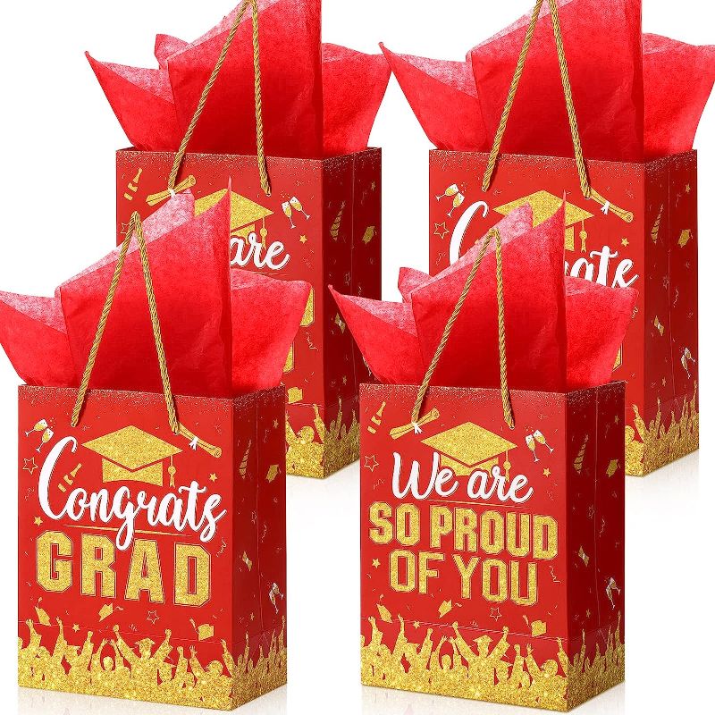 Photo 1 of 12 Pcs Graduation Gift Bags with Tissue Paper Graduation Party Favor Bag with Handles Class of 2023 Grad Party Paper Bags Graduation Goodie Bags Bulk for Congrats Grad Party Supplies (Red Gold) 