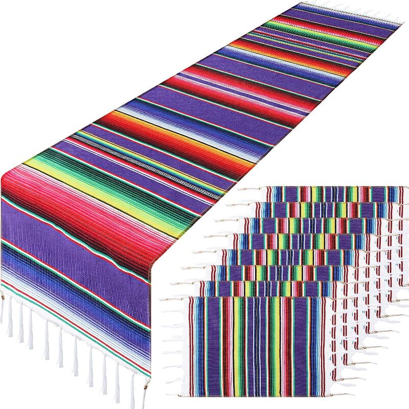 Photo 1 of 1 Pcs Mexican Table Runner and 8 Pcs Mexican Place Mats Serape Table Runner Cinco de Mayo Place Mats for Cinco de Mayo Mexican Fiesta Party Wedding Decoration (Purple,9 Pieces) 