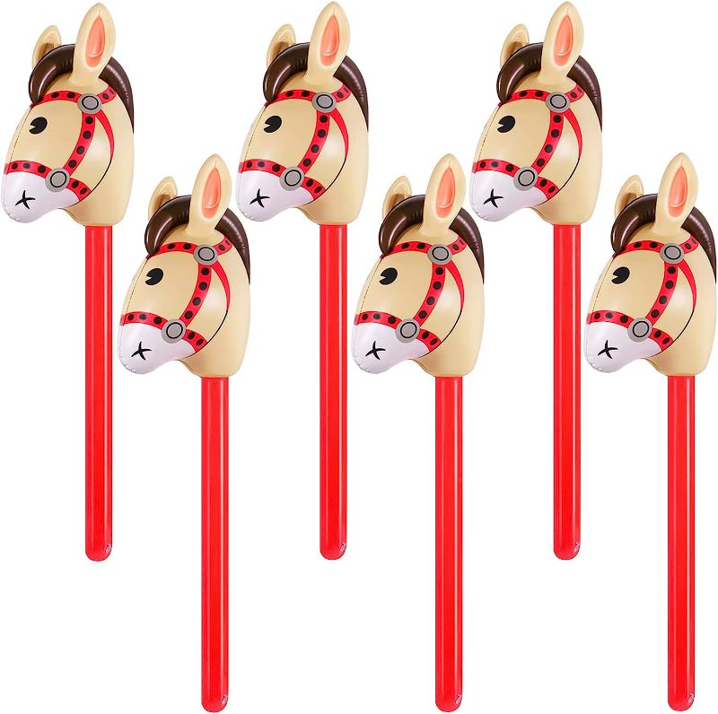 Photo 1 of 6 Pcs Inflatable Stick Horse, 37 Inches Inflatable Horse Stick Balloon Pony Stick for Christmas Horse Themed Birthday Party Decorations Supplies Favors Props Inflatable Horse Costume Stick 