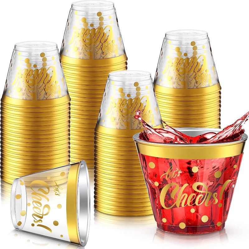 Photo 1 of 100 Pieces Cheers Plastic Cups 9 oz Clear Bachelorette Party Cups Clear Plastic Cocktail Tumbler with Gold Foil Plastic Cups for Wedding Bachelorette Party, New Years Eve, Birthday (Gold Foil) 