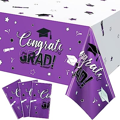 Photo 1 of 2023 Graduation Decorations 3 PCS Purple Graduation Tablecloth Disposable Plastic Graduation Table Cover for Congrats Grad Party Supplies 70x43 Inch 3 pack 