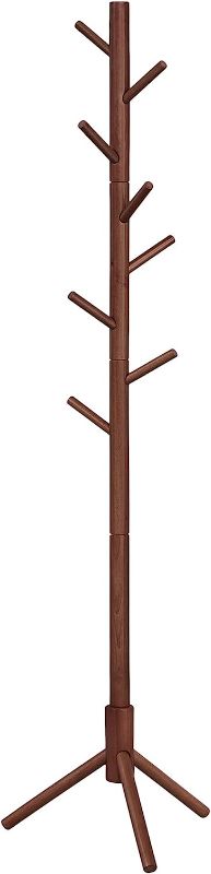 Photo 1 of VASAGLE Solid Wood Coat Rack, Free Standing Coat Rack, Tree-Shaped Coat Rack with 8 Hooks, 3 Height Options, for Clothes, Hats, Bags, for Living Room, Bedroom, Home Office, Dark Walnut URCR04WN
