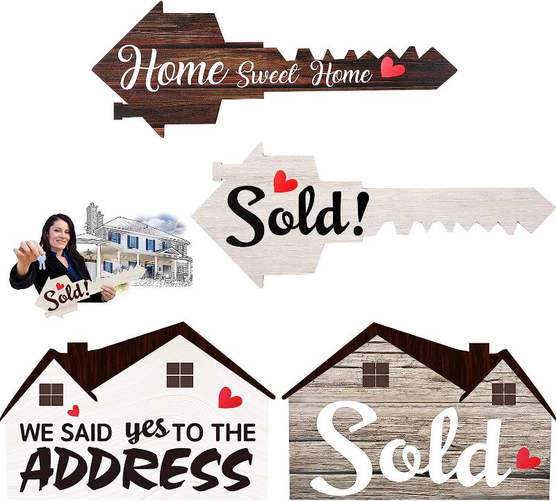 Photo 1 of 2 PCS Real Estate Sold Signs, Wooden We Said Yes to the Address Sign House Shaped and Home Sweet Home Key Shaped Prop Signs, Social Media Photo Props, Closing Gifts for Homeowner Realtors Supplies
