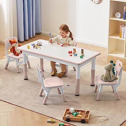 Photo 1 of DOREROOM Toddler Table and Chairs Set for 4, 49''L x 25''W Kids Study Table and Chair Set, Height-Adjustable, Graffiti Desktop, Children Activity Table for Daycare, Classroom, Home, Pink