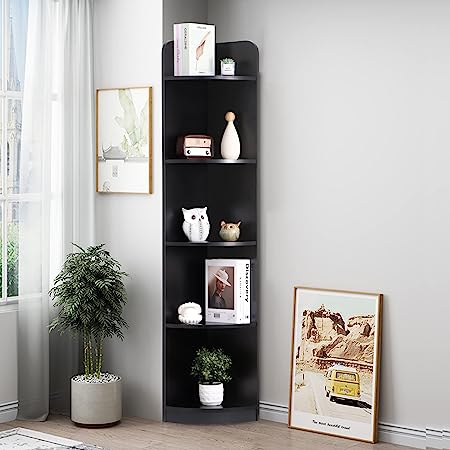 Photo 1 of 5-Tier Corner Bookshelf - 63" Tall Modern Free-Standing Corner Bookcase - Durable Wood Corner Cabinet and Plant shelf in Sleek Black for Living Rooms, Bedrooms, Kitchens, and Offices-Black