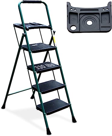 Photo 1 of 4 Step Ladder, HBTower Folding Step Stool with Tool Platform, Wide Anti-Slip Pedal, Sturdy Steel Ladder, Convenient Handgrip, Lightweight 330lbs Portable Steel Step Stool, Green and Black