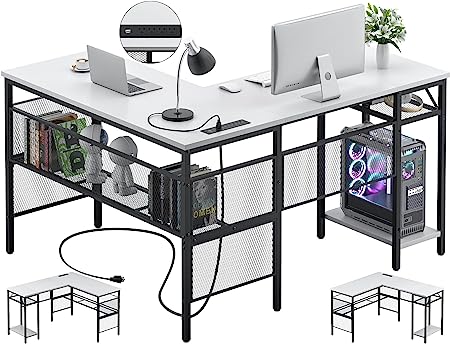 Photo 1 of Unikito L Shaped Desk with USB Charging Port and Power Outlet, Reversible Corner Computer Desk with Storage Shelves, Industrial 2 Person Modern Gaming Table for Home Office, White