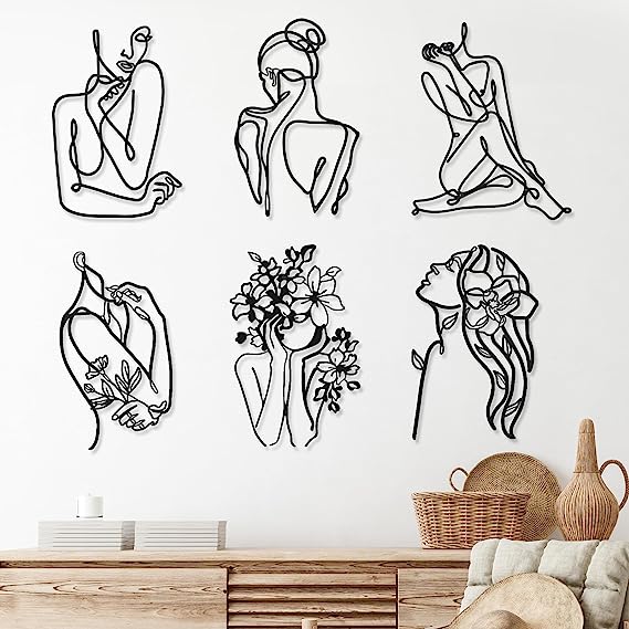 Photo 1 of Marsui 6 Pieces Metal Minimalist Abstract Woman Line Drawing Decor Single Line Female Home Hanging Wall Art Decor for Kitchen Bathroom Living Room