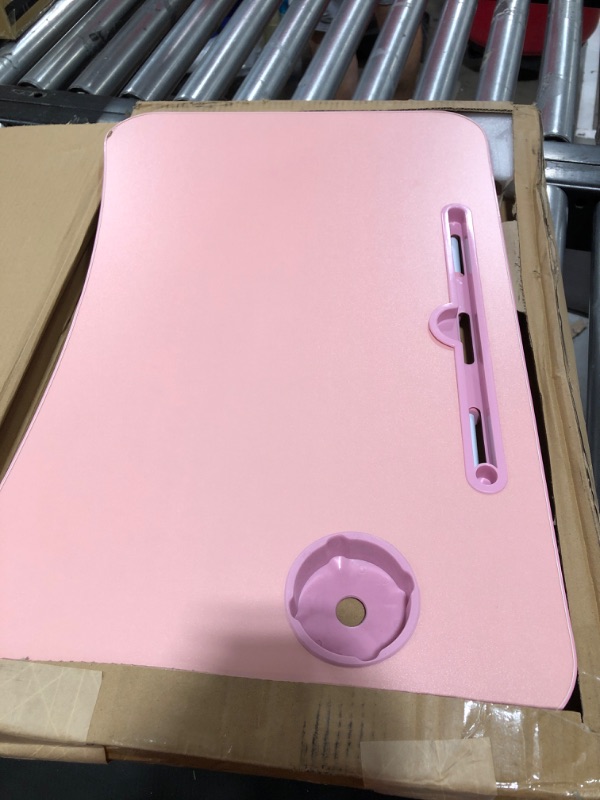 Photo 2 of Laptop Bed Table, Foldable Laptop Desk Bed Tray with Storage Drawer, Lap Desk TV Tray for Breakfast Serving, Notebook Stand Reading Holder with Phone Slot and Cup Holder for Sofa Couch Floor-Pink