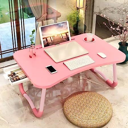 Photo 1 of Laptop Bed Table, Foldable Laptop Desk Bed Tray with Storage Drawer, Lap Desk TV Tray for Breakfast Serving, Notebook Stand Reading Holder with Phone Slot and Cup Holder for Sofa Couch Floor-Pink