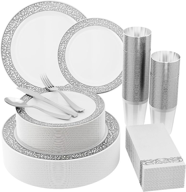 Photo 1 of 210 Count Silver Plastic Dinnerware, Silver Disposable Plates, Includes 30 Dinner Plates 30 Dessert Plates & 30 Cups & 30 Linen Like Silver Paper Napkins & 30 Plastic Silverware Set
