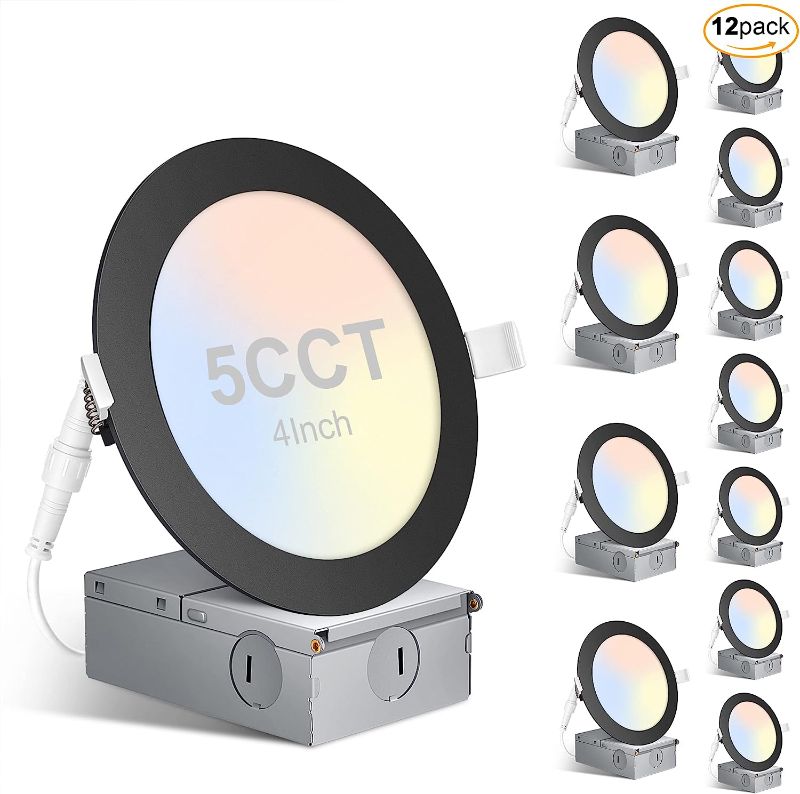 Photo 1 of 12pack 4 Inch 5CCT Ultra-Thin LED Recessed Ceiling Light with Junction Box, Dimmable 2700K/3000K/4000K/5000K/6000K Selectable, 9W 700lm Canless Wafer Downlight UL Energy Star(Black)
