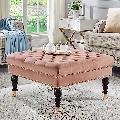 Photo 1 of 24KF Large Square Upholstered Tufted Button Velvet Ottoman Coffee Table, Large Footrest Bench with Golden Casters Rolling Wheels-Blush/Golden