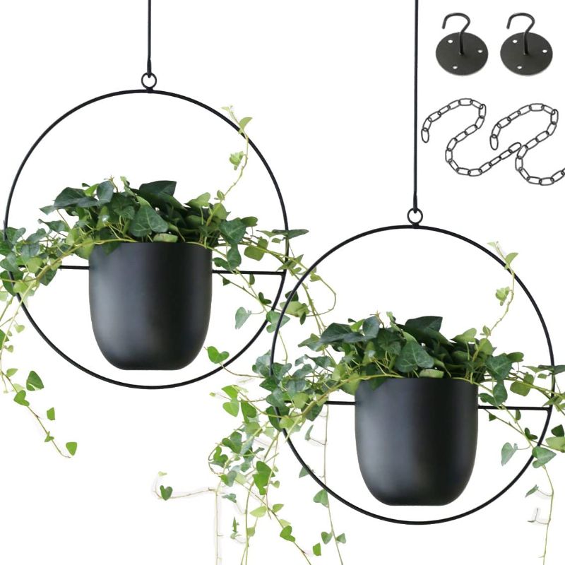 Photo 1 of Abetree 2 Pcs Hanging Planters for Indoor and Outdoor Plants with Hooks and Chains Metal Modern Wall and Ceiling Planter Minimalist Flower Pot Hold Planters Hanger for Home Decor ,Black
