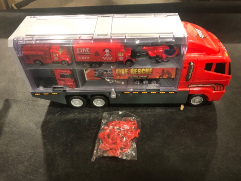 Photo 2 of 19 Pcs Fire Truck with Firefighter Toy Set, Mini Die-cast Fire Engine Car in Carrier Truck, Mini Rescue Emergency Double Side Transport Vehicle for Kid Child Boy Girl Birthday Christmas Party Favors