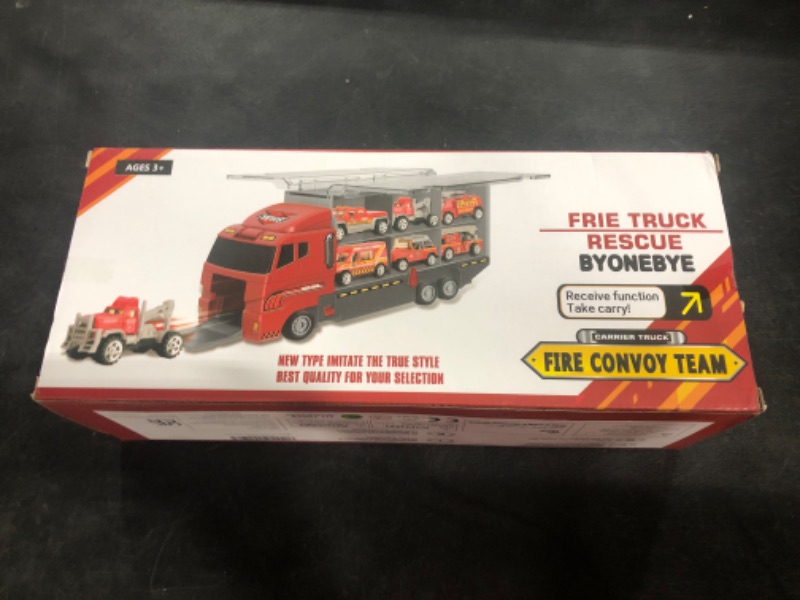 Photo 3 of 19 Pcs Fire Truck with Firefighter Toy Set, Mini Die-cast Fire Engine Car in Carrier Truck, Mini Rescue Emergency Double Side Transport Vehicle for Kid Child Boy Girl Birthday Christmas Party Favors