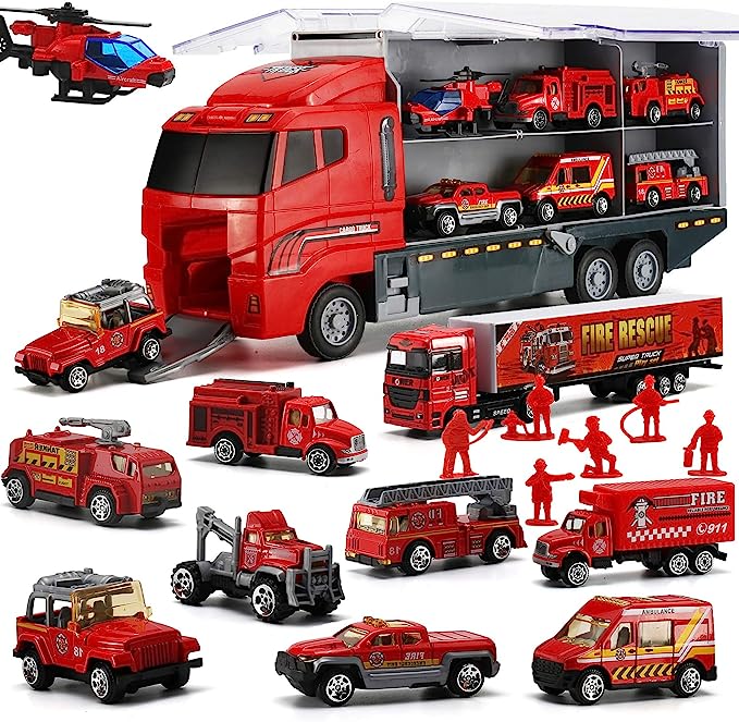 Photo 1 of 19 Pcs Fire Truck with Firefighter Toy Set, Mini Die-cast Fire Engine Car in Carrier Truck, Mini Rescue Emergency Double Side Transport Vehicle for Kid Child Boy Girl Birthday Christmas Party Favors