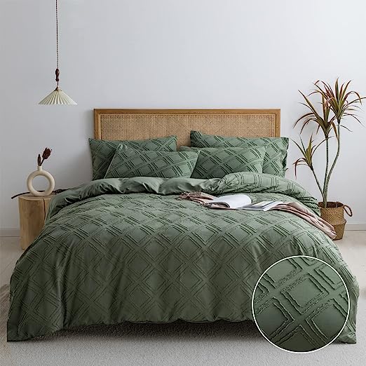 Photo 1 of JELLYMONI Green Duvet Cover Full Size - 3 PCS Microfiber Tufted Duvet Cover Set, Boho Textured Duvet Cover Jacquard Rhombus Geometric Pattern Duvet Cover with Corner Ties & Zipper Closure