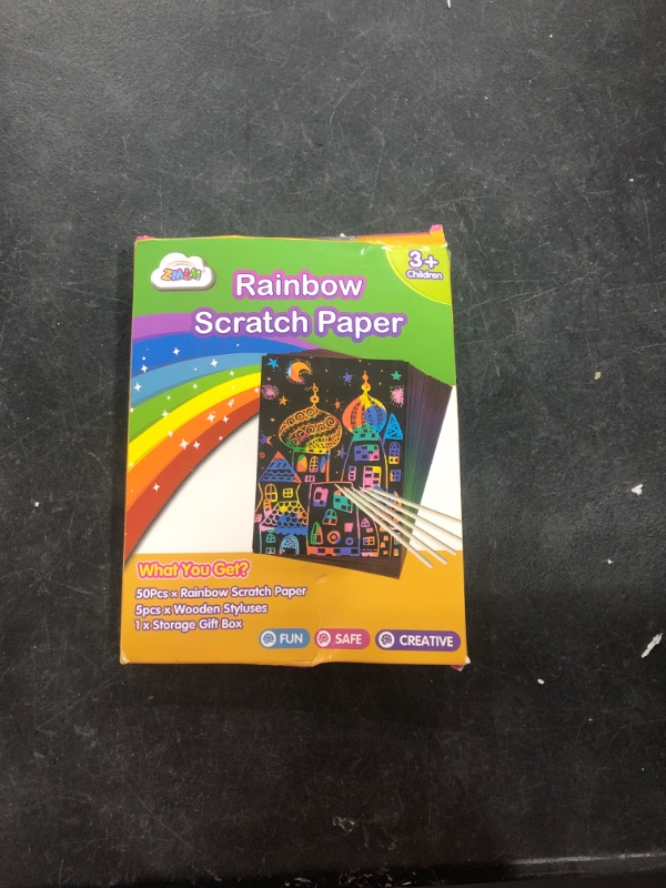 Photo 2 of ZMLM Scratch Paper Art Set, Rainbow Magic Scratch Paper for Kids Black Scratch it Off Art Crafts Kits Notes Boards Sheet with 5 Wooden Stylus for Girl Boy Easter Party Game Christmas Birthday Gift