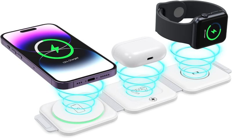 Photo 1 of ORIA 3 in 1 Foldable Wireless Charger, Fast Wireless Charging Pad with Charging Indicator Light, Foldable Charging Station for iPhone14/13/12/11/X/8, i Watch, AirPods, Galaxy Buds, White
