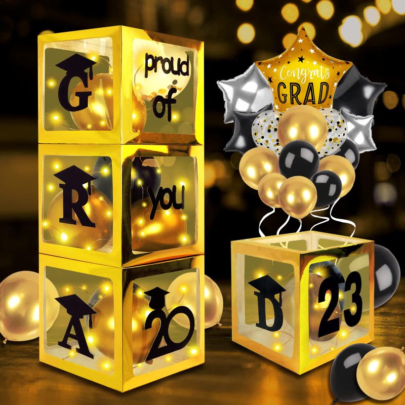 Photo 1 of 2023 Graduation Decorations Balloon Boxes Kit, with 4 LED Light Strings & 35 Decorative Balloons & Letters "GRAD" "2023" "Proud of You", Perfect for Graduation Party Decorations (LED-Gold)