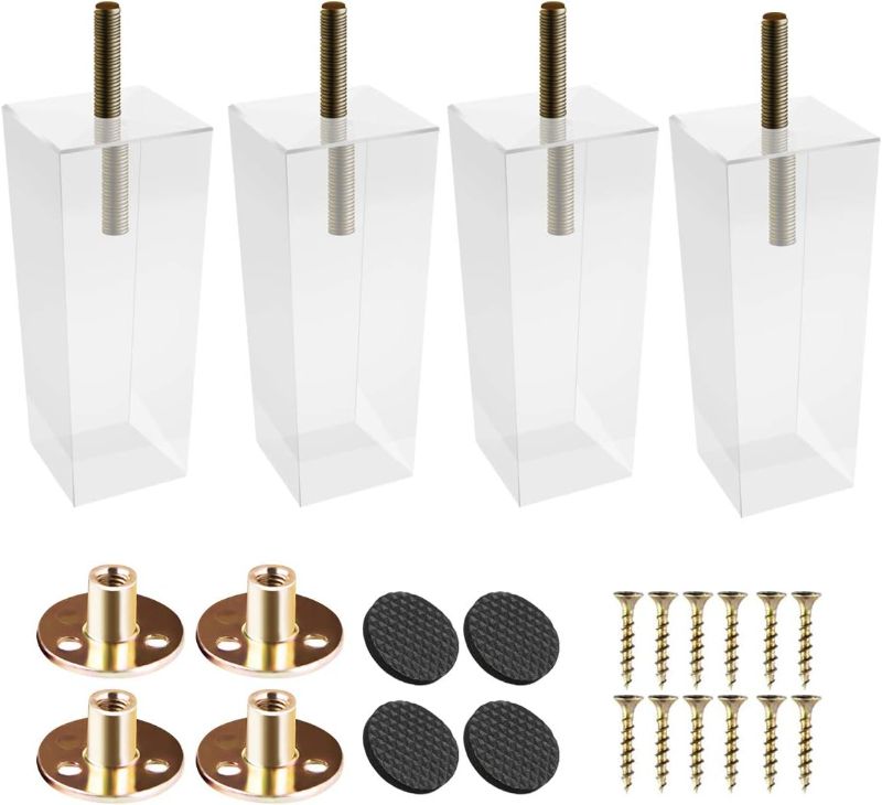 Photo 1 of 6 inch Acrylic Furniture Legs, Btowin 4Pcs Pyramid Clear Glass Furniture Feet with Threaded 5/16'' M8 Hanger Bolts & Mounting Plate & Screws for Cabinet Coffee Table End Table Bed
