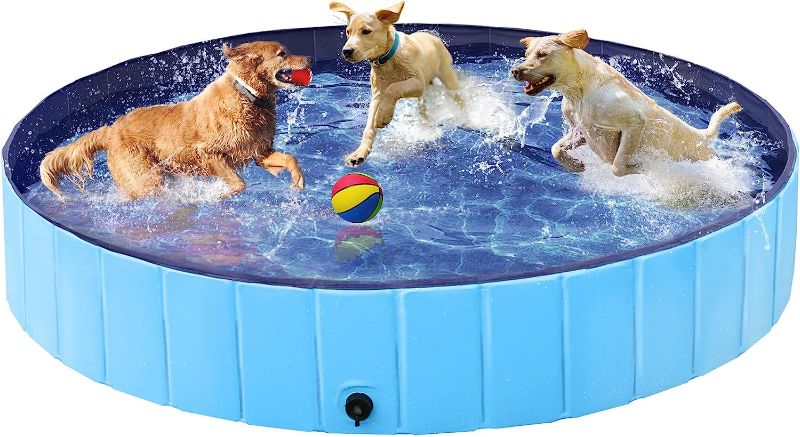 Photo 1 of Yaheetech Blue Foldable Hard Plastic Dog Pet Bath Swimming Pool Collapsible Dog Pet Pool Bathing Tub Pool for Pets Dogs & Cats w/Pet Brush&Repair Patches-63 x 11.8 inch,XXL
