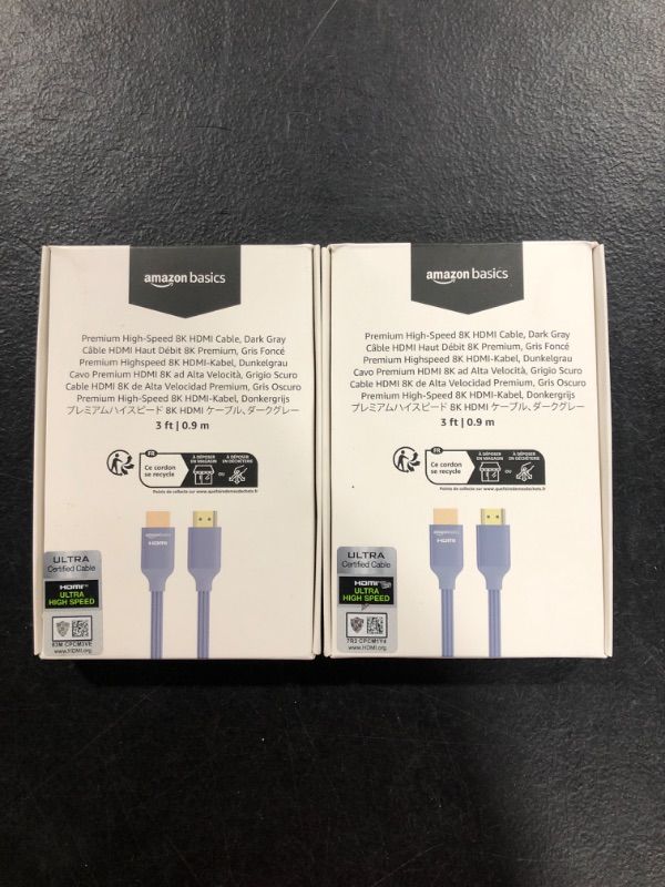 Photo 2 of Amazon Basics High-Speed HDMI Cable (48Gbps, 8K/60Hz ) - 3 Feet, Dark Gray 1 Dark Gray 3 Feet - 2 Pack 