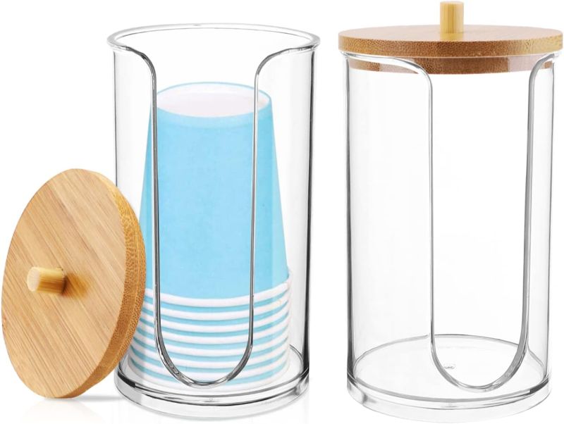 Photo 1 of 2 Pack Acrylic Bathroom Cup Dispenser Holder for Disposable Paper Cup with Bamboo Lid, Mouthwash Cups and Cotton Round Holder for Bathroom Guest Room Counter-Tops
