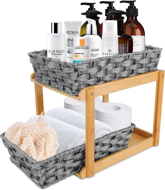 Photo 1 of 2-Tier Under the Sink Organizer Wicker Baskets, Under Bathroom/Kitchen Sink Organizers and Storage, 2 Slide-Out Storage Baskets and Bamboo Tray for Bathroom Kitchen Pantry Medicine Cabinet Counter