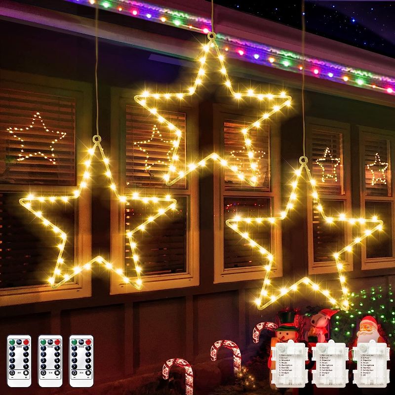 Photo 1 of Christmas Window Lights 3 Pack Battery Operated LED Star Light 8 Modes Timer Fairy Hanging Light, Outdoor Waterproof Decor for Home Xmas Porch Holiday Party Indoor Fireplace Decoration (Cool White)