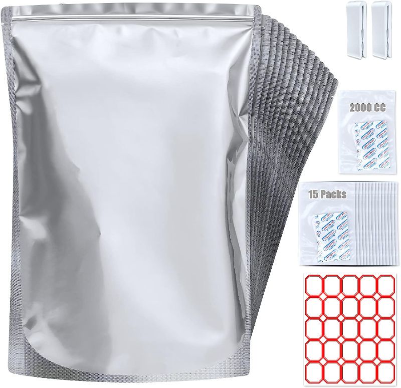 Photo 1 of 15 Pack 5 Gallon Mylar Bags with Oxygen Absorbers (Enhanced 2500CC Capacity, Individually Sealed) and Labels- 10.5 mil, Heat Sealable Mylar Bags for food Storage 5 Gallon for Long Term Food Storage