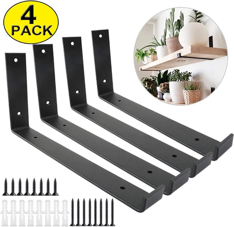 Photo 1 of 12 Pieces Shelf Brackets 12 Inch with Lip Heavy Duty Metal L Brackets Industrial Rustic Wall Shelf Iron Black Floating Shelf Bracket 1/4 Inch Thick Max Support 150 Lbs Hardware for DIY Open Shelving