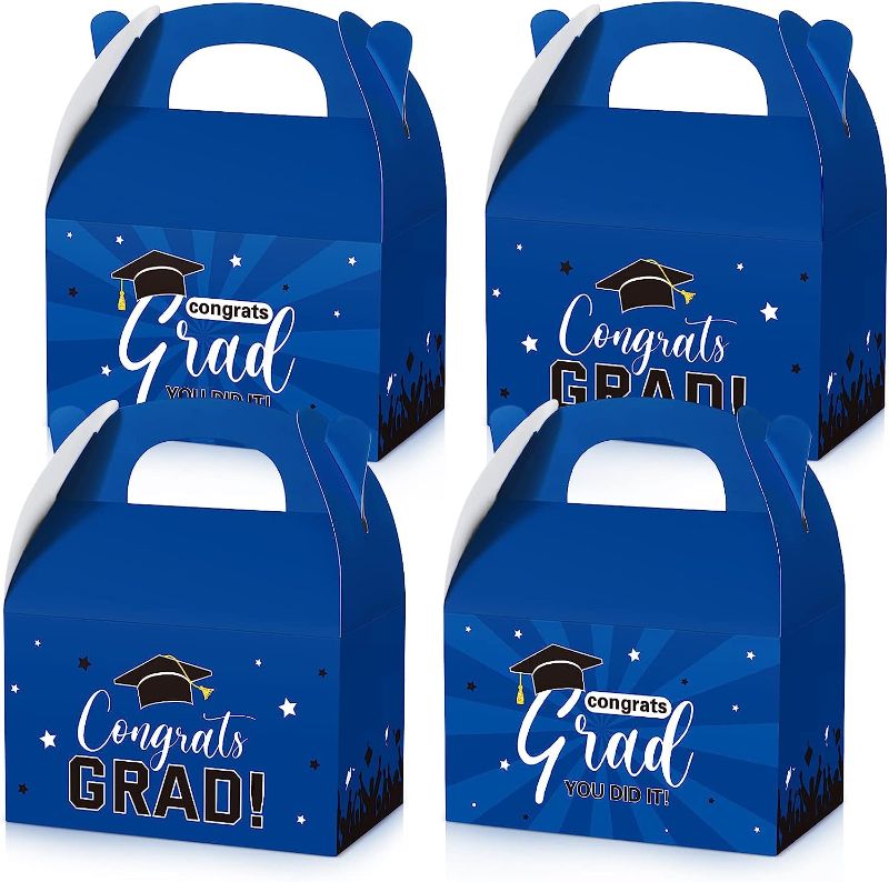 Photo 1 of 24 Pcs Graduation Treat Boxes 2023 Graduation Gifts Boxes Goodie Candy Gable Boxes Graduation Party Favors Boxes with Handles for Graduation Ceremony Decorations Grad Party Supplies (Blue Black)
