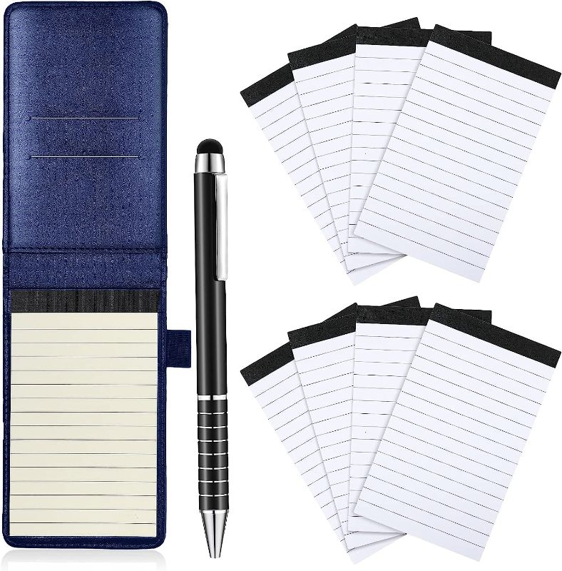 Photo 1 of 10 Pcs Mini Pocket Note Pads Holder Set, Included Small Pocket Notepads Holder with 50 Lined Sheets, Metal Pen and 8 Pcs 3 x 5 Inch Memo 30 Lined Paper Refills for Business Professionals (Blue)