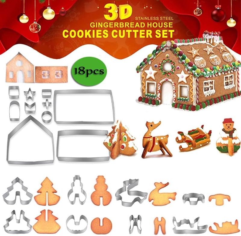 Photo 1 of 18 Piece Gingerbread House Cutters Kit,DTDR 3D Christmas House Cookie Cutter Set, Stainless Steel Biscuit Cutter Mold Set,Festive Xmas DIY Baking Including Christmas Tree,Snowman,Reindeer,Gift Box