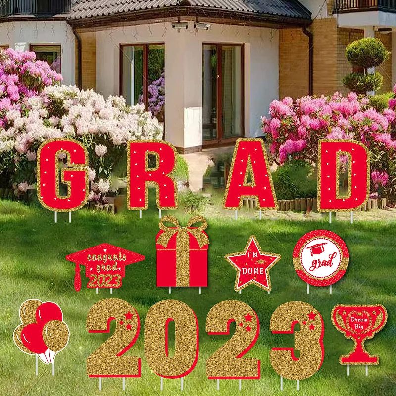 Photo 1 of 14 Pcs Graduation Yard Signs Class of 2023 Red and Gold,Graduation Yard Decorations & Graduation Signs for Yard - Congrats Grad Outdoor Lawn Party waterproof Supplies Decor.