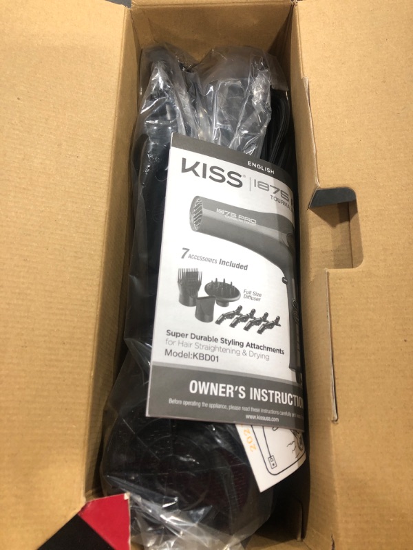 Photo 2 of Kiss 1875 Watt Pro Tourmaline Ceramic Hair Dryer, 3 Heat Settings, 2 Speed Slide Switch, Cool Shot Button, 2 Detangler Combs, 1 Concentrator, 1