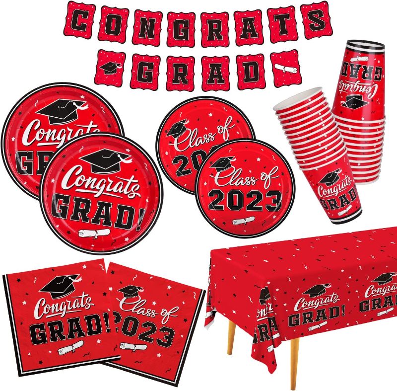 View 1 of Graduation Party Supplies Gatherfun 2023 Graduation Party Dinnerware Set Purple Disposable Paper Plates Napkins Cups Tablecloth Banner for Congrats Grad Party Decorations, Serve 25 - 2 Pack