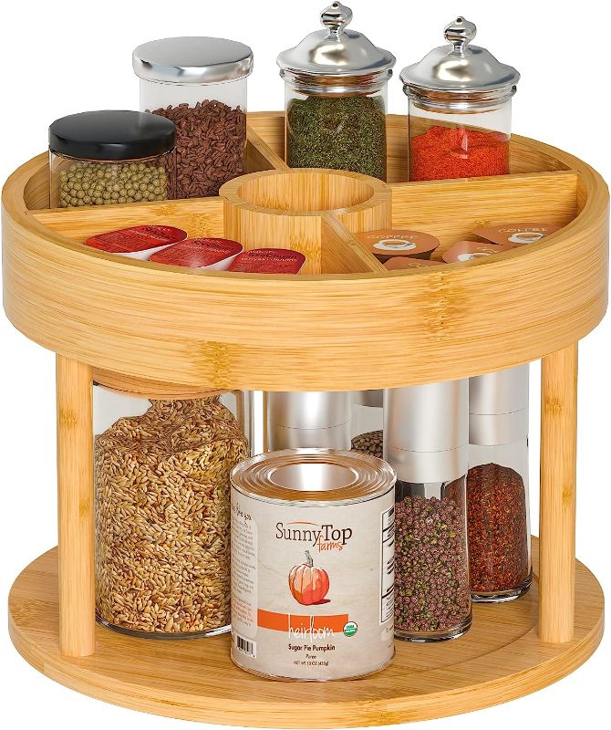 Photo 1 of 2 Tier Lazy Susan Spice Organizer - Bamboo Wooden Two Tier Lazy Susan Turntable with 4 DIY Partition Board 9.8 inch for Cabinet