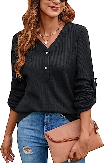 Photo 1 of BMJL Women's Work Shirts Dressy Casual V Neck Waffle Knit Tunic Tops Long 3/4 Sleeve Henley Blouse T Shirt SIZE L 