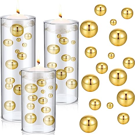 Photo 1 of 3 Pcs Glass Cylinder Vase with 6 Pcs White Floating Disc Candles Glass Flower Vase Centerpieces with 150 Pcs Faux Gold Pearls Transparent Water Gel Beads Vase Fillers for Wedding Home 