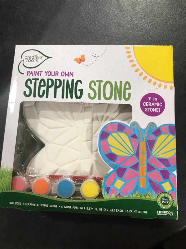 Photo 2 of Creative Roots Mosaic Butterfly Stepping Stone Kit, Includes 7-Inch Ceramic Stepping Stone & 6 Vibrant Paints, Paint Your Own Stepping Stone, DIY Stepping Stone for Kids Ages 8+ White Butterfly Toy---PACKAGE DAMAGE